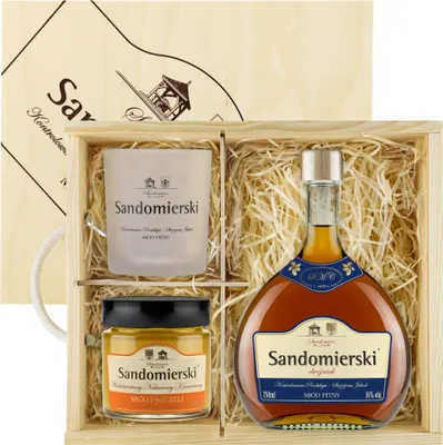 Produktbild von Sandomierski Met Dwójniak-Halber Geschenkset in einer Holzbox mit Becher und cremiggerührter Mehrblütenhonig | 750ml | 16% Alkohol Metwein | Polnische Produktion