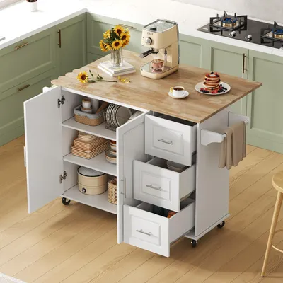 Immagine prodotto di Tavolo da cucina mobile grande, dimensioni 137x43(76)x92 cm, in legno di quercia, pieghevole, multifunzionale, con 3 cassetti e portasciugamani.