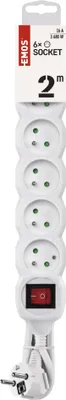 Prodlužovací kabel 2 m / 6 zásuvek / s vypínačem / bílý / PVC / 1 mm2