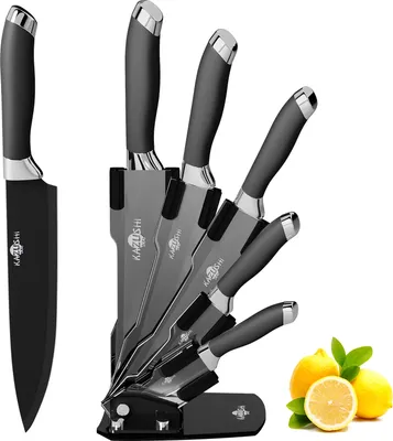 Produktbild von KAZUSHI Messerblock mit Messer 6-teilig, Scharfe Küchenmesser, Profi Messerset mit Block, Edelstahl Messer Set - Schwarz (KA-KN62)