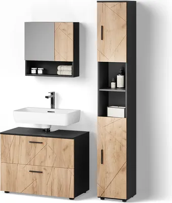Image de Ensemble meubles bain Livinity Ronco Chêne doré/anthracite 3 pièces, avec armoire à tiroirs et armoire haute, Model 52699