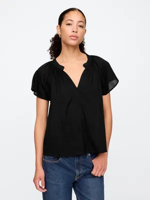 Produktbild von GAP Damen Viskose Oberteil Schwarz V-Ausschnitt Kurzarm XS mit Rüschensaum