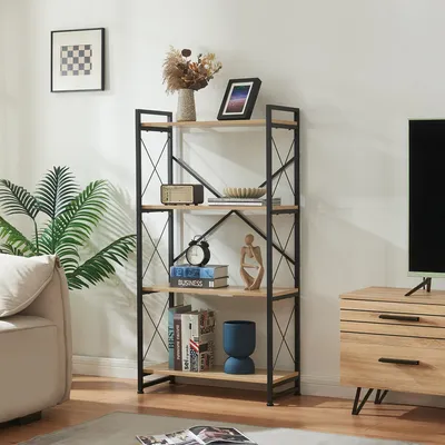 Produktbild von Standregal ‘Skørping’ mit 4 Ablagen Metallgestell 125 x 65 x 30 cm Schwarz / Eicheoptik