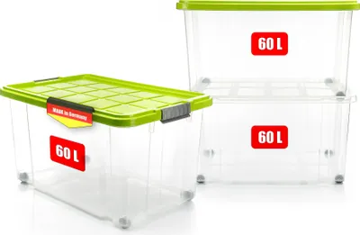 Produktbild von 3x 60 L Aufbewahrungsbox mit Deckel groß rollbar limegrün - stabile & robuste Box
