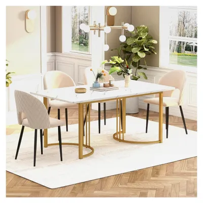 Produktbild von Esstisch 140x80cm, rechteckiger Tisch mit Marmormuster, für 4-6 Personen, Metallrahmen, verstellbare Tischbeine, geeignet für Restaurant, Wohnzimmer, Küche, Weiß/Gold