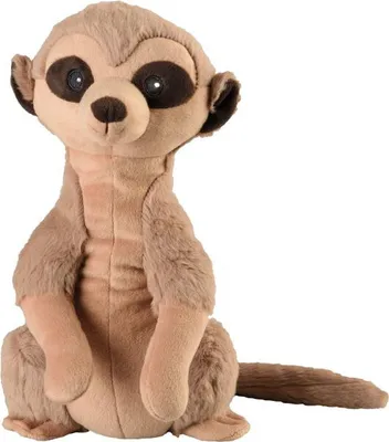 A plush toy meerkat is sitting and facing forward against a white background.