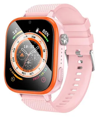 A pink smartwatch with an orange bezel is shown against a white background.