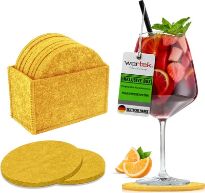 Produktbild von wortek Filz Untersetzer - Deko Tischset + Aufbewahrungsbox I  für Gläser & Tisch, 10er Set I 10cm I Rund, Gelb