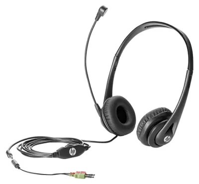 A black HP headset with a microphone is shown against a white background.