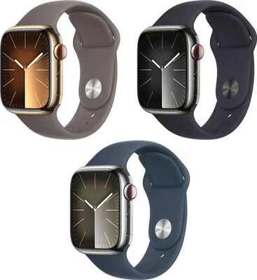 Three Apple Watches are displayed against a white background.