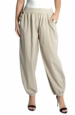 Produktbild von 297 Mississhop Damen leichte einfarbige Hose Sommerhose Haremshose Ballonhose Pluderhose Pumphose Aladinhose Sommer Uni baggy pants Beige