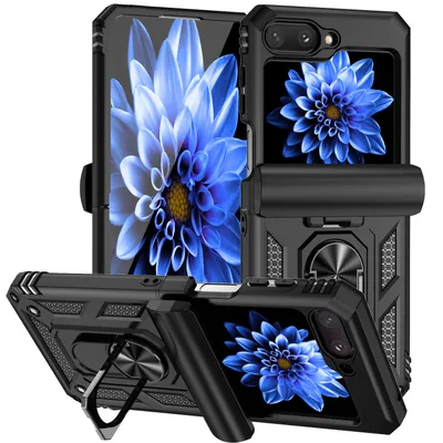 Immagine prodotto di Custodia per Samsung Galaxy Z Flip 5 a doppio strato con copertura scorrevole della fotocamera e supporto ad anello nero