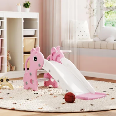 Zdjęcie produktu dla Zjeżdżalnia dla dzieci 3 w 1 w kształcie żyrafy z koszem do koszykówki i piłką, zjeżdżalnia dla małych dzieci z tworzywa HDPE, różowa | 106 x 51,5 x 52 cm | do 30 kg | od 1. roku życia