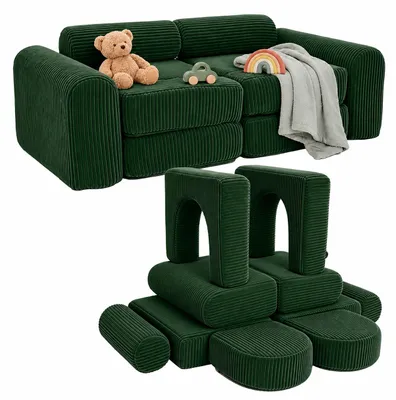 Zdjęcie produktu dla Relaxdays, modułowa sofa dla dzieci, 10 elementów, miękkie klocki, kanapa dla dzieci, materiał: poliester, wymiary: 32 x 108 x 50 cm, sofa do zabawy, kolor: zielony, Obraz wygenerowany przez AI