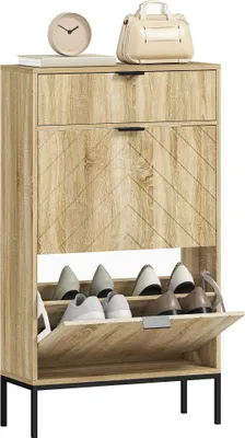 Image de Meuble à chaussures - Étroit - 2 tiroirs - Étagères réglables - Pour 8 paires - 60x24x105,5 cm - Bois - Naturel