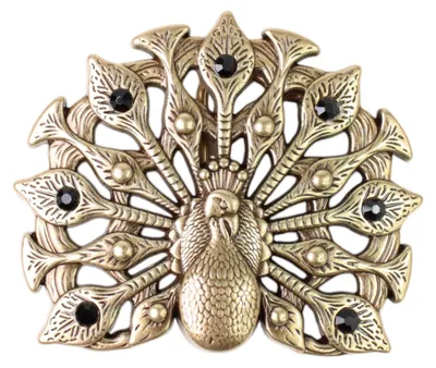 Produktbild von FRONHOFER Gürtelschnalle Pfau, messingfarben, schwarze Strass Steine, 4 cm