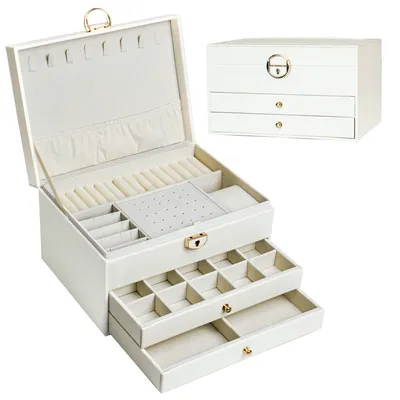 Produktbild von AdelDream Schmuckkasten dreistöckige Schmuckbox Schmuckschatulle mit linearem Design Schmuckaufbewahrung Geburtstags Weiß