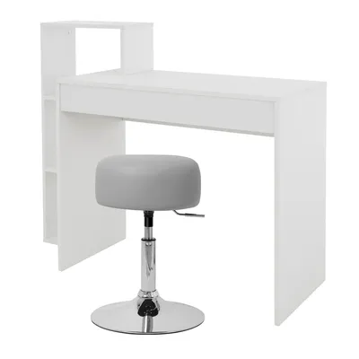 Zdjęcie produktu dla ML-Design biurko z taboretem, biały, biurko komputerowe z półką, tapicerowany taboret taboret jasnoszary, Ø33cm obrotowy z regulacją wysokości