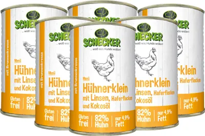 Produktbild von Schecker 6 x 410g - Nassfutter Dosenfutter mit 82% Huhn Hühnerklein mit Linsen Haferflocken