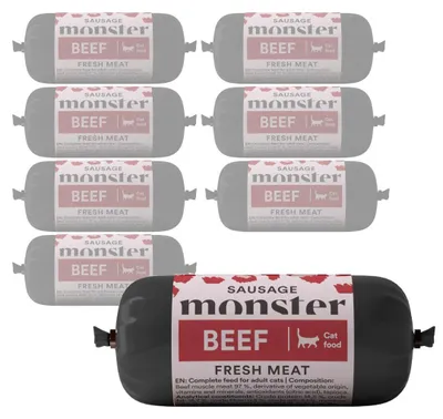 Zdjęcie produktu dla Monster Cat Sausage Beef 8x80g Pełnoporcjowa Mokra Karma Dla Kota Kiełbasa z Wołowiną