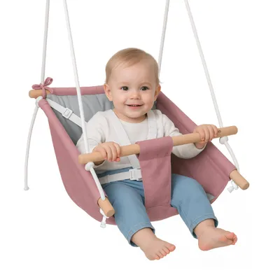 Image de Balançoire pour enfants Tulano Hop 40 | Balançoire transat 3en1 | Harnais 5 points | Capacité de charge jusqu'à 60kg | 6-36 mois | en bois | Rose-gris