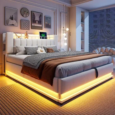 Zdjęcie produktu dla Łóżko tapicerowane o wymiarach 180x200 cm z oświetleniem LED, portami USB i hydraulicznym pojemnikiem na pościel, obite welurem w kolorze beżowym, rama metalowa, idealne do sypialni
