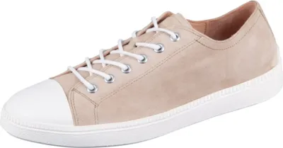 A single tan sneaker with a white toe cap and white sole is shown against a white background.