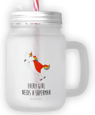 Produktbild von Mr. & Mrs. Panda Cocktailglas Einhorn Super - Transparent - Geschenk, Glas, Becher mit Strohhalm, deckel, Held, Superheld, Unicorn, Freundin, Einhörner, Mason Jar