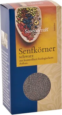 A product box for Sonnentor Senfkörner schwarz (black mustard seeds).
