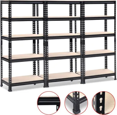 Produktbild von Yaheetech Schwerlastregal 3er Set 150x70x30cm, max. 560 kg, 5 höhenverstellbare MDF-Böden, Lagerregal, Schwarz