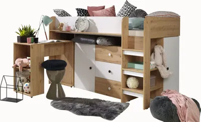 Produktbild von Etagenbett für Kinder SMART 1 Stockbett mit Treppe, Kleiderschrank und Schreibtisch (Artisan Eiche + Weiß Matt)
