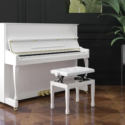 Produktbild von Klavierhocker höhenverstellbar, Klavierbank Pianobank Kunstleder, Massivholz Weiß | 64 x 35 x 45–55 cm | 7,2 kg | stufenlos verstellbar