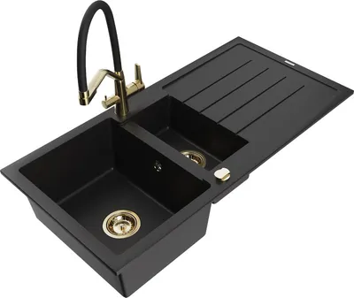 Produktbild von Mexen Andres 1,5-Becken-Granitspüle mit Abtropffläche und Mischbatterie Duo, Schwarz - 6515-77-671701-57-G