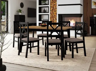 Obrázok produktu pre Rozkladací jedálenský stôl 140 cm so 6 stoličkami ADELBITE 3 - dub grandson / čierny / hnedý 1