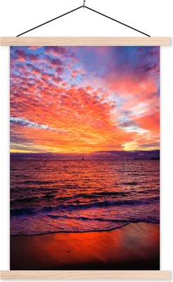 Produktbild von MuchoWow® Textilposter Sonnenuntergang - Strand - Rot 60x90 cm mit holzfarbenen Rahmen - Textil
