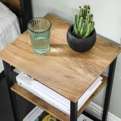 Productafbeelding van Bijzettafel en nachtkastje met 3 planken - Zwaar stalen frame - Eenvoudige montage - Honingbruin en zwart - Groot
