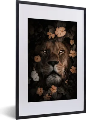 Produktbild von MuchoWow® MuchoWow® Gerahmtes Poster Dschungel - Löwe - Blumen 40x60 cm - Poster mit zchwarzem Bilderrahmen - Poster in Rahmen