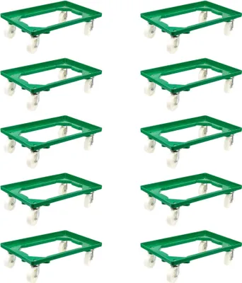 Produktbild von SparSet 10x Transportroller für Euroboxen 60x40cm mit Kunststoffräder grün | Offenes Deck | 2 Lenkrollen & 2 Bockrollen | Traglast 300kg | Kistenroller Logistikroller Rollwagen Profi-Fahrgestell