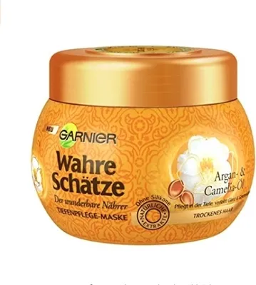 Produktbild von Garnier True Treasures Argan &amp/ Camellia Oil Deep Care Mask, Haarkur mit Arganöl, Pflege für trockenes Haar, 300ml