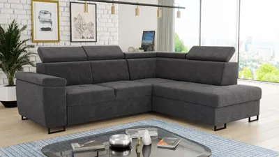 Produktbild von Ecksofa Natan mit Schlaffunktion und einstellbare Kopfstützen - Wohnlandschaft mit Metallfüßen, Couchgarnitur, Bettkasten, Sofa (Ecksofa Rechts, Dunkelgrau (Kronos 22))