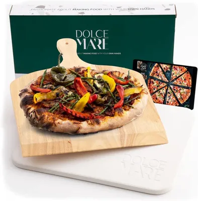 Produktbild von DOLCE MARE Pizzastein beige Inkl. Holz-Pizzaschieber - Pizza Stein aus hochwertigem Cordierit für Backofen & Grill