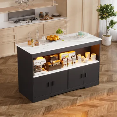 Obrázok produktu pre TWSOUL Kuchynský ostrov Moderný kuchynský ostrov s LED osvetlením, priestorom na sedenie a úložným priestorom Moderný barový stôl s mramorovým vzhľadom, šírka 110 cm
