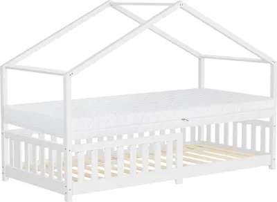 Obrázok produktu pre ML-Design detská posteľ domček posteľ 90x200 cm biela s matracom H:16cm, lamelový rošt a strecha proti vypadnutiu, posteľ na hranie z masívneho borovicového dreva podlahová posteľ