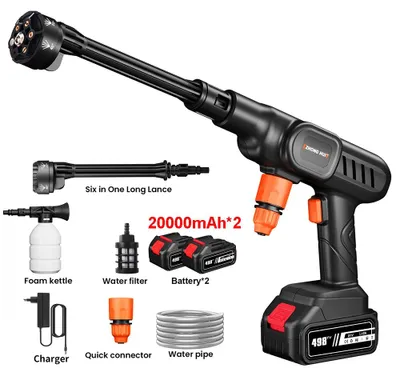 Image de Nettoyeur haute pression sans fil 6-en-1 - Pistolet de lavage sans fil - Pression de 60 bars - Batterie lithium 10 cellules - 2 batteries incluses - Livré avec un tuyau pour l'automobile et le jardin