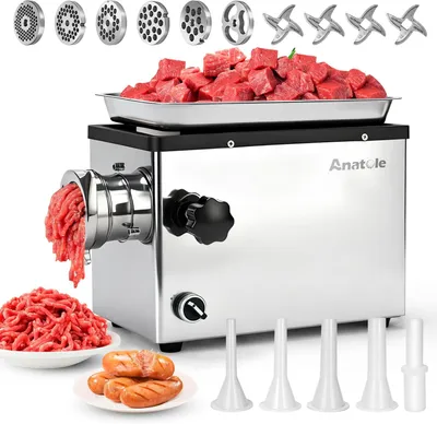 Immagine prodotto di Macinino per carne elettrico, professionale, 1300 W, acciaio inossidabile, macchina per salsicce multifunzione con piastre di macinazione da 4/6/8/10/12 mm e 3 fori, 1 accessorio per salsicce