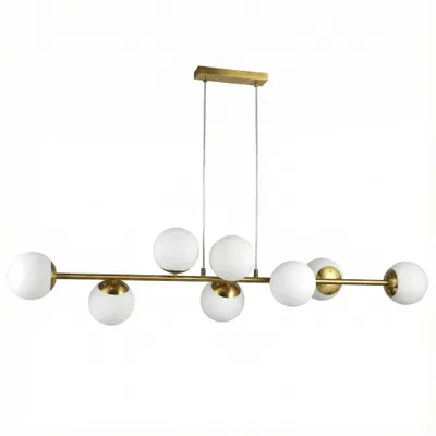 A modern, linear chandelier with multiple glass globes and a gold-toned metal frame, presented against a plain white background.