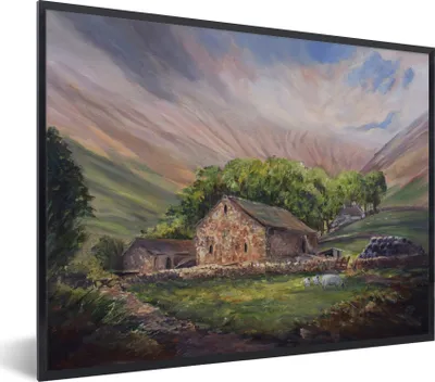 Produktbild von MuchoWow® Gerahmtes Poster Ölgemälde Bauernhof 80x60 cm - Poster mit Schwarzem Bilderrahmen Wandposter Rahmen Foto Bilder - Schwarzem - Mit Gestell