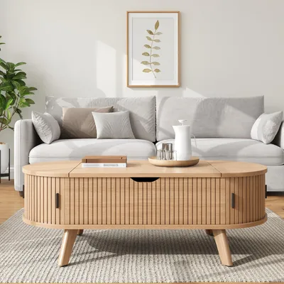 Produktbild von MODFU Ovaler Couchtisch,Wohnzimmertisch mit höhenverstellbarer Tischplatte, Sofatisch mit großem verstecktem Stauraum und 2 seitlichen Schiebetüren,Kaffeetisch Natur
