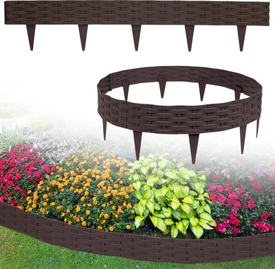 Obrázok produktu pre YARDIN Obruba záhonu 5 m, ohýbateľná plastová obruba záhonu Ratanový dizajn Palisády s 5 prvkami á 100 cm, hnedá