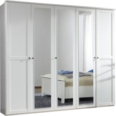 Produktbild von Kleiderschrank "Chalet" in WEISS mit 5 Türen und 3 Einlegeböden. Abmessungen (BxHxT) 225x210x58 cm